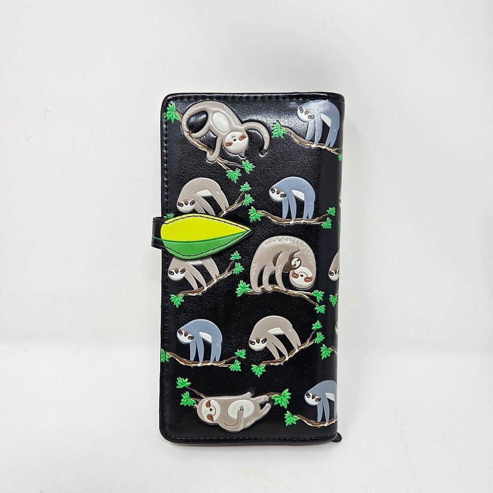 Shag Wear Sloth Large Wallet for Women Black 7" B1